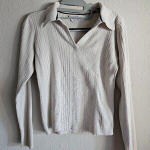 100% Cotton Tommy Hilfiger White Cream Rib Knit Polo Collared Sweater Women's S